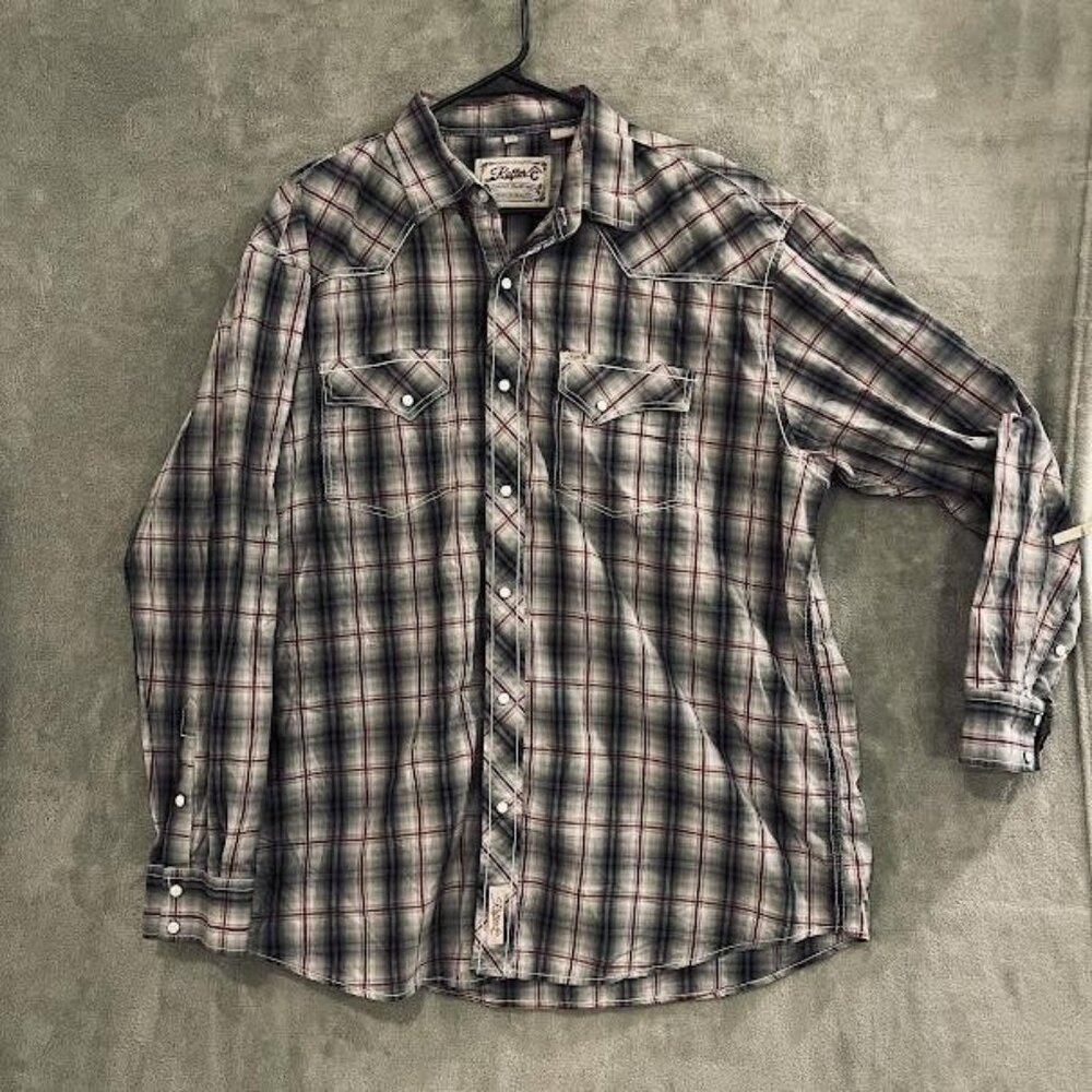 Rafter C Cowboy Collection Shirt Mens 2XL Pearl Snap Western Plaid Gray Red